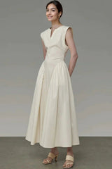 Classy V Neck Ruffle Detail Pocket Trim Sleeveless Maxi Dress - Apricot